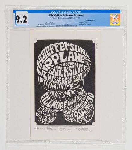 1966 BG-4 Jefferson Airplane Fillmore Auditorium Handbill CGC 9.2