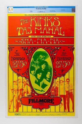1969 BG-204 The Kinks Taj Mahal Fillmore West Poster CGC 9.9