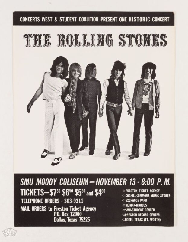 1969 The Rolling Stones SMU Moody Coliseum Dallas Poster Near Mint 87
