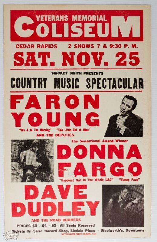 1972 Faron Young Donna Fargo Veterans Memorial Coliseum Hatch Cardboard Poster Excellent 79