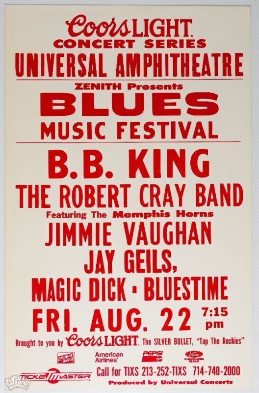 1986 B.B. King Robert Cray Universal Amphitheatre Los Angeles Cardboard Poster Near Mint 87