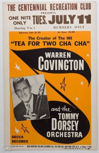 1961 Warren Covington Tommy Dorsey Orchestra Centennial Recreation Club Cardboard Poster Near Mint 81