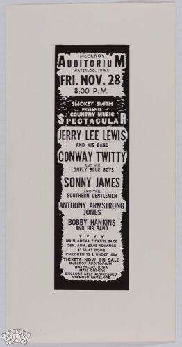 1969 Jerry Lee Lewis Conway Twitty Sonny James McElroy Auditorium Waterloo Handbill Mint 91