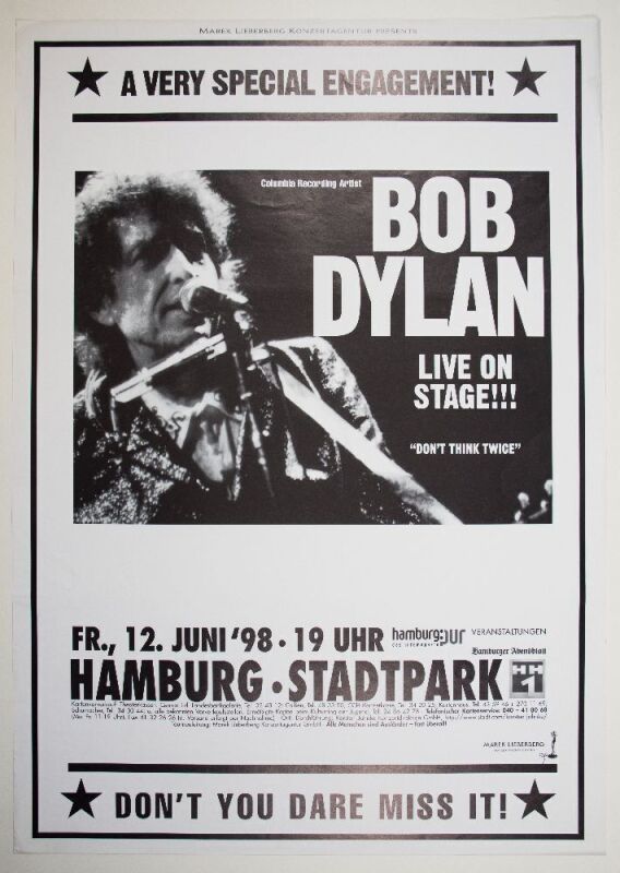 1998 Bob Dylan Stadtpark Hamburg Germany Poster Excellent 79