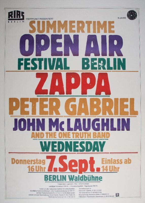 1978 Frank Zappa Peter Gabriel John McLaughlin Open Air Berlin Germany Poster Near Mint 89