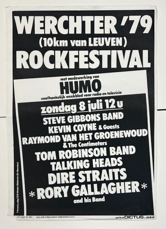 1979 Talking Heads Dire Straits Rory Gallagher Rock Werchter Fest Belgium Poster Extra Fine 69
