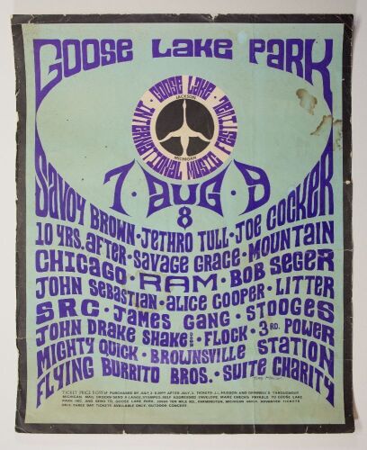 1970 Alice Cooper The Stooges Jethro Tull Bob Seger Goose Lake Music Festival Jackson Poster Fine 59
