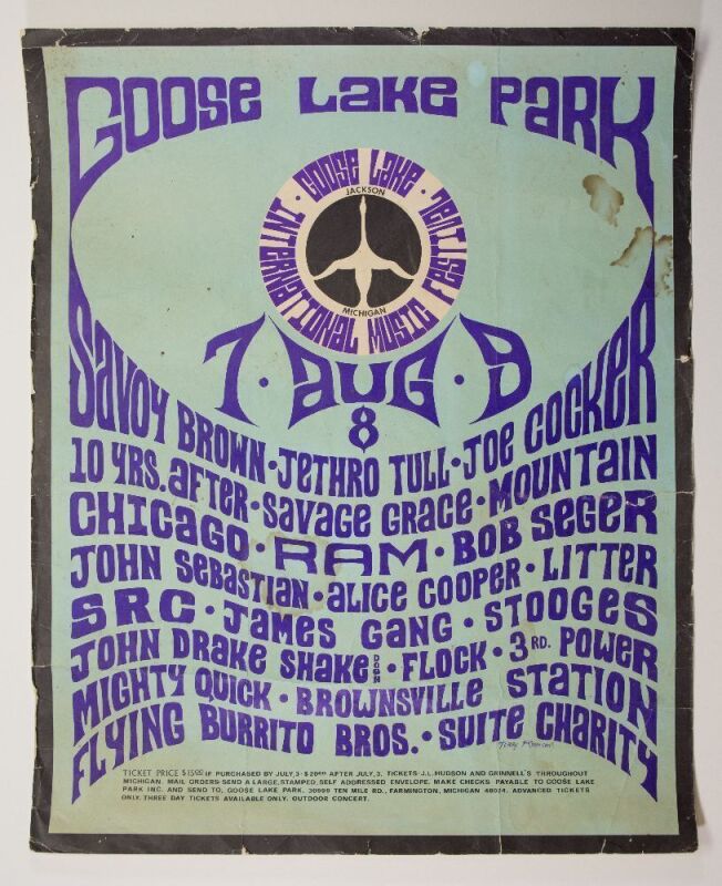 1970 Alice Cooper The Stooges Jethro Tull Bob Seger Goose Lake Music Festival Jackson Poster Fine 59