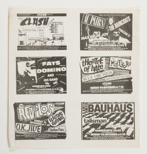 1981 The Clash Fats Domino Bauhaus Lyceum Theatre & Hammersmith London Uncut Handbill Sheet Near Mint 81