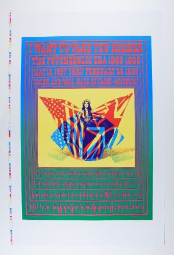 1997 Victor Moscoso I Want to Take You Higher R&R Hall of Fame Exhibit Signed Moscoso Uncut Proof Poster Near Mint 87