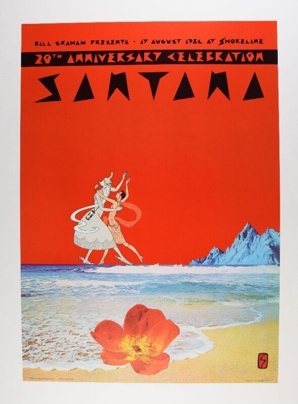 1986 David Singer Santana 20 Anniversary Shoreline Amphitheatre Signed Singer Poster Near Mint 89