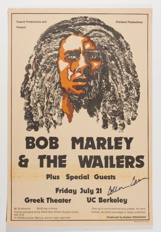 1978 Bob Marley Greek Theatre Berkeley Proof with COA Signed Cannon Poster Excellent 75