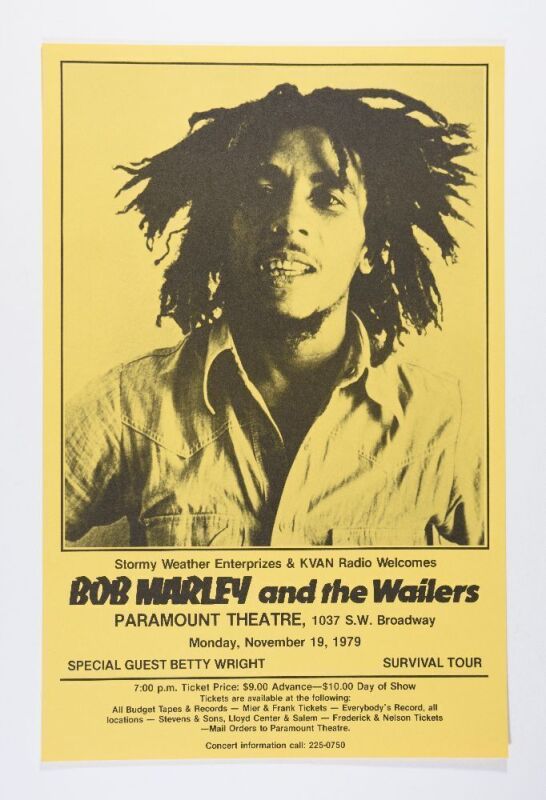1979 Bob Marley & The Wailers Paramount Theatre Portland Poster Near Mint 87