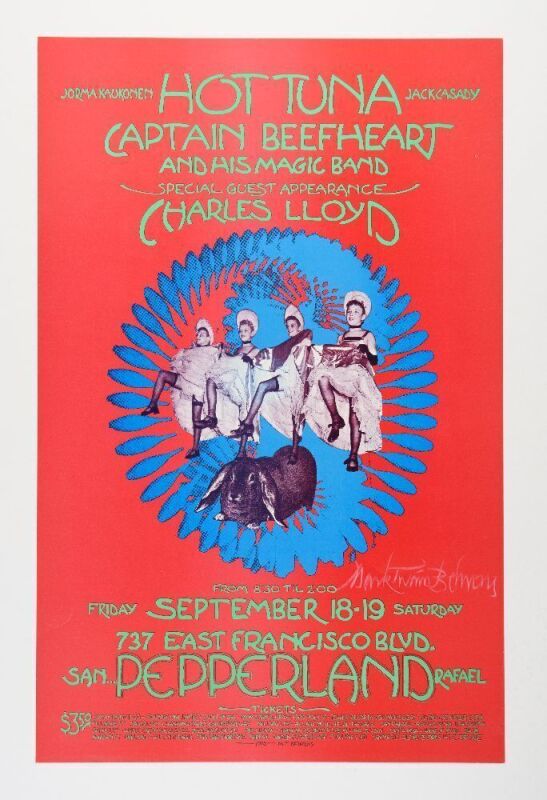 1970 Hot Tuna Captain Beefheart Charles Lloyd Pepperland San Rafael Signed Behrens Poster Near Mint 85
