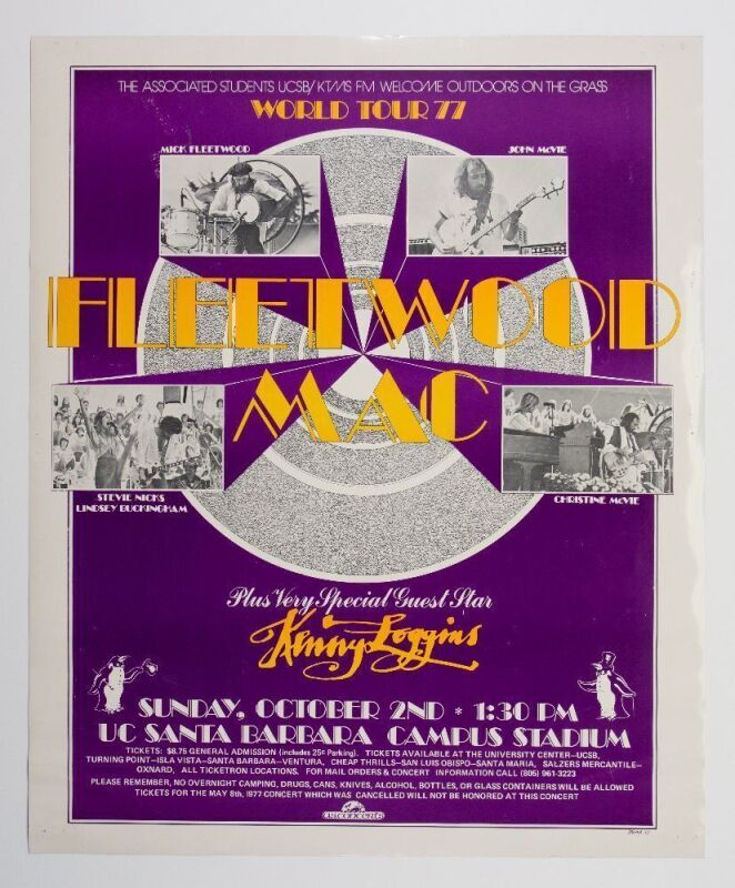 1977 Fleetwood Mac Kenny Loggins UC Santa Barbara Campus Stadium Poster Extra Fine 69