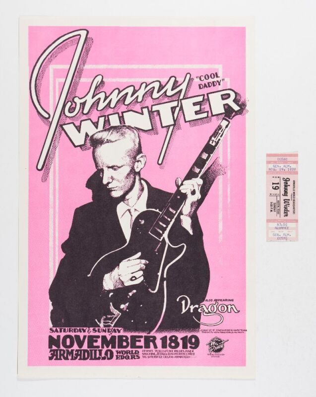 1978 Johnny Winter Armadillo World Headquarters Austin Poster & Ticket Near Mint 85