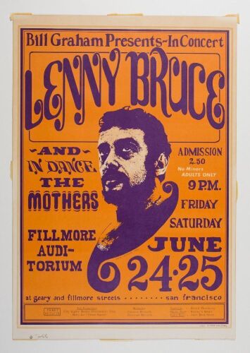 1966 BG-13 Lenny Bruce Frank Zappa The Mothers Fillmore Auditorium RP3 Poster Extra Fine 61
