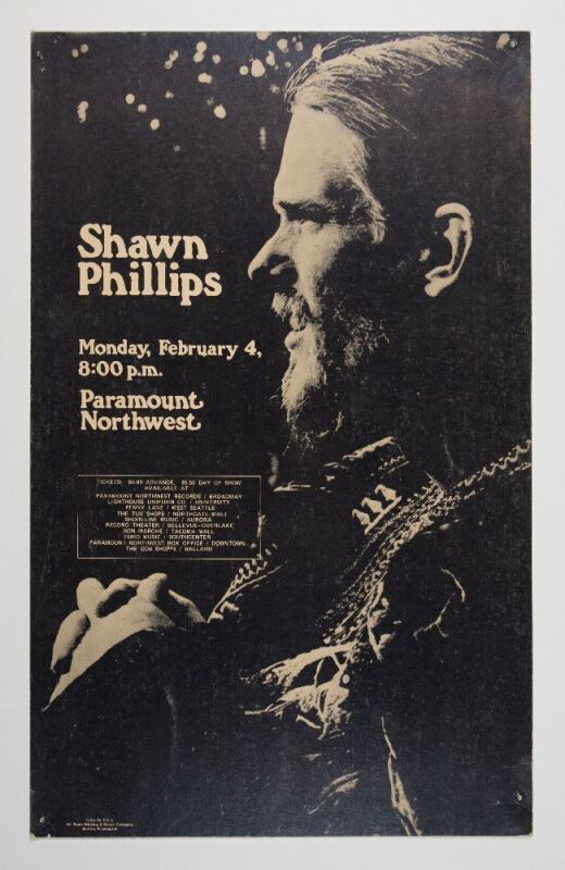 1974 Shawn Phillips Paramount Northwest Seattle Cardboard Poster Excellent 79