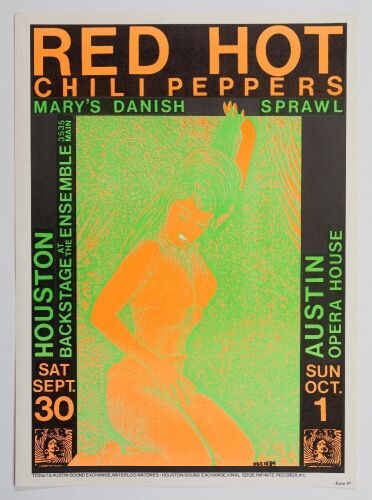 1989 Frank Kozik Red Hot Chili Peppers Houston & Austin Signed Kozik Poster Near Mint 89