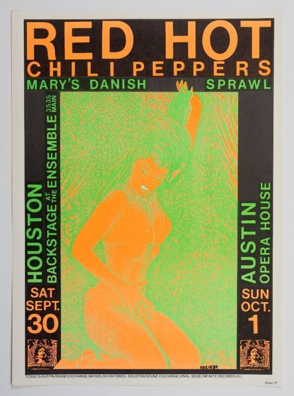 1989 Frank Kozik Red Hot Chili Peppers Houston & Austin Signed Kozik Poster Near Mint 89