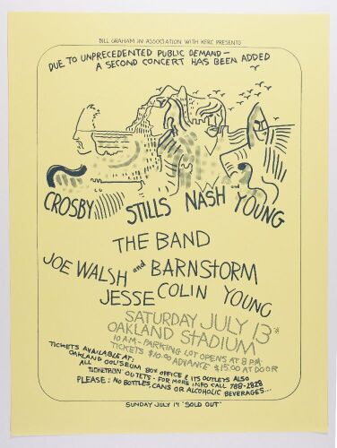 1974 Crosby Stills Nash & Young The Band Joe Walsh Oakland Stadium Poster Mint 91