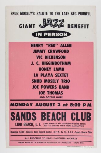 1965 Henry Red Allen Jimmy Crawford Giant Jazz Benefit Sands Beach Club Cardboard Poster Excellent 77