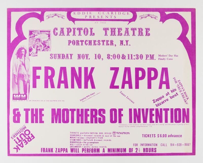 1974 Frank Zappa & The Mothers of Invention Capitol Theatre Port Chester Poster Excellent 79