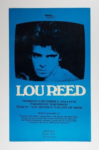 1976 Lou Reed Paramount Northwest Seattle Cardboard Poster Excellent 77