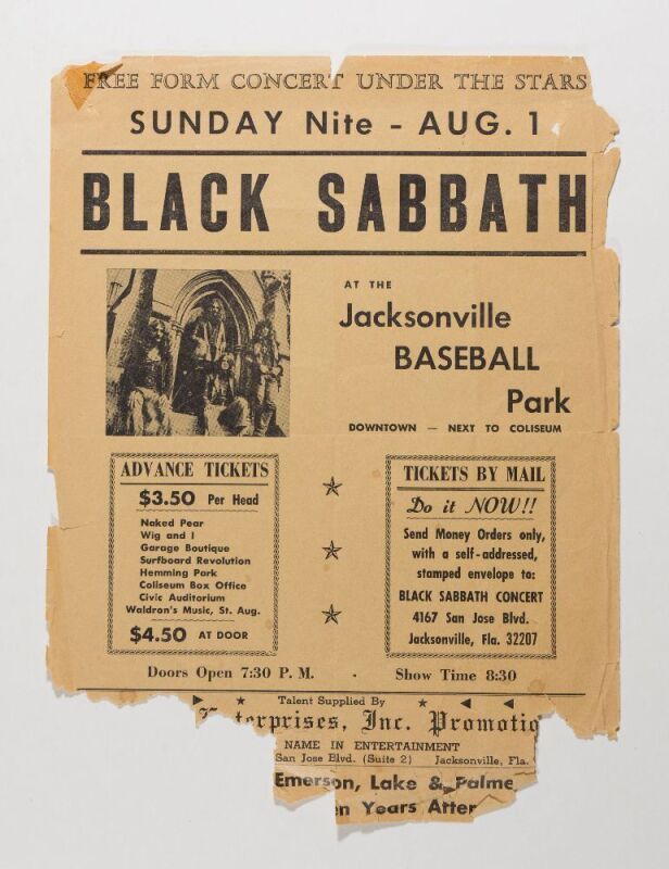 1971 Black Sabbath Ozzy Osbourne Jacksonville Baseball Park Flyer Fine 53