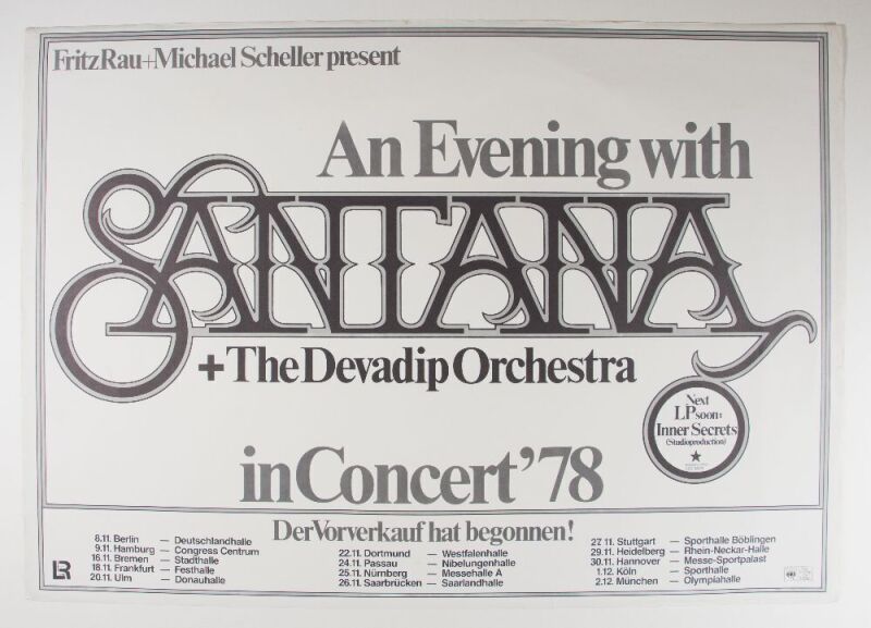 1978 Santana Berlin Hannover Frankfurt Hamburg Stuttgart Germany Tour Poster Extra Fine 69