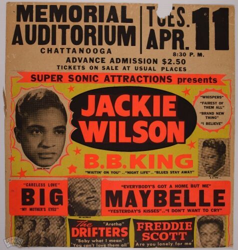 1961 Jackie Wilson B.B. King Big Maybelle The Drifters Chattanooga Globe Printing Cardboard Poster TRIMMED