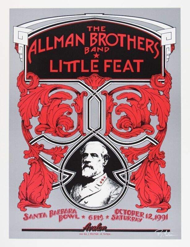 1991 Allman Brothers Band Little Feat Santa Barbara Bowl Signed Tuten Poster Mint 91