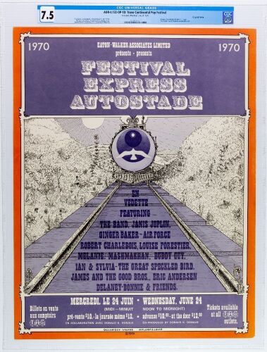 1970 AOR-4.132 The Band Grateful Dead Janis Joplin Festival Express Rare Montreal Poster CGC 7.5