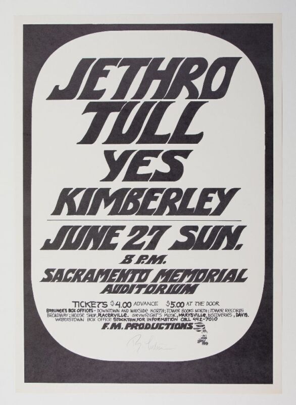 1971 Jethro Tull Yes Sacramento Memorial Auditorium Signed Tuten Poster Mint 91