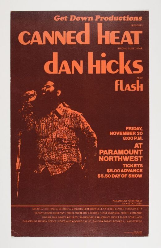 1973 Canned Heat Dan Hicks Paramount Northwest Portland Cardboard Poster Excellent 73