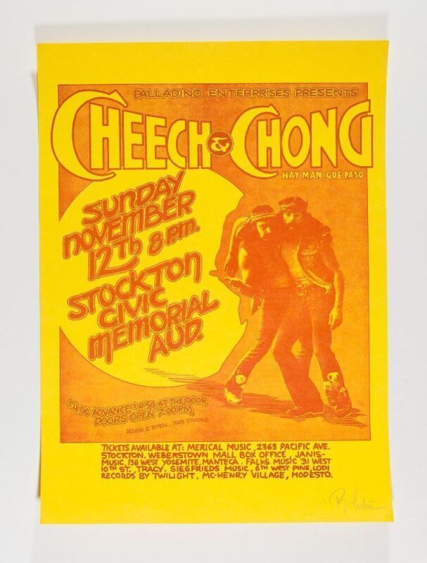 1972 Cheech & Chong Stockton Civic Memorial Auditorium Signed Tuten Poster Near Mint 81