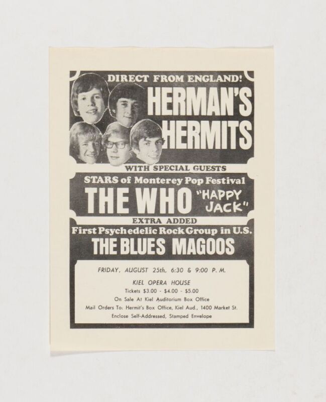 1967 The Who Herman's Hermits Kiel Auditorium Saint Louis Handbill Mint 93