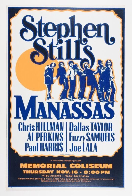 1972 Stephen Stills Manassas Memorial Coliseum Cardboard Poster Near Mint 85
