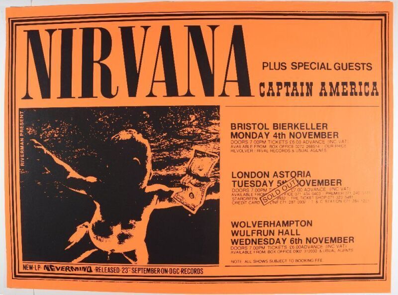 1991 Nirvana UK Nevermind Tour Bristol London Wolverhampton Poster Excellent 75