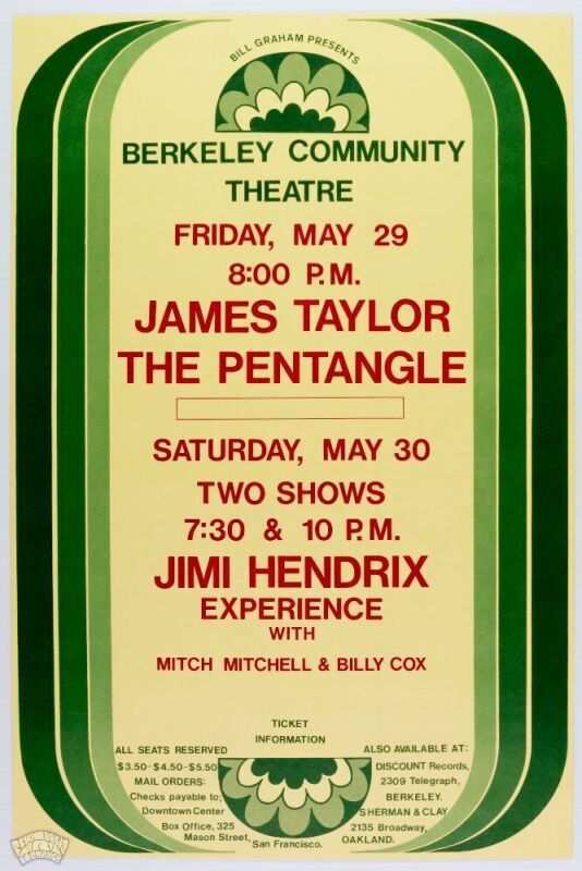 1970 Jimi Hendrix James Taylor Berkeley Community Theatre Poster Mint 93