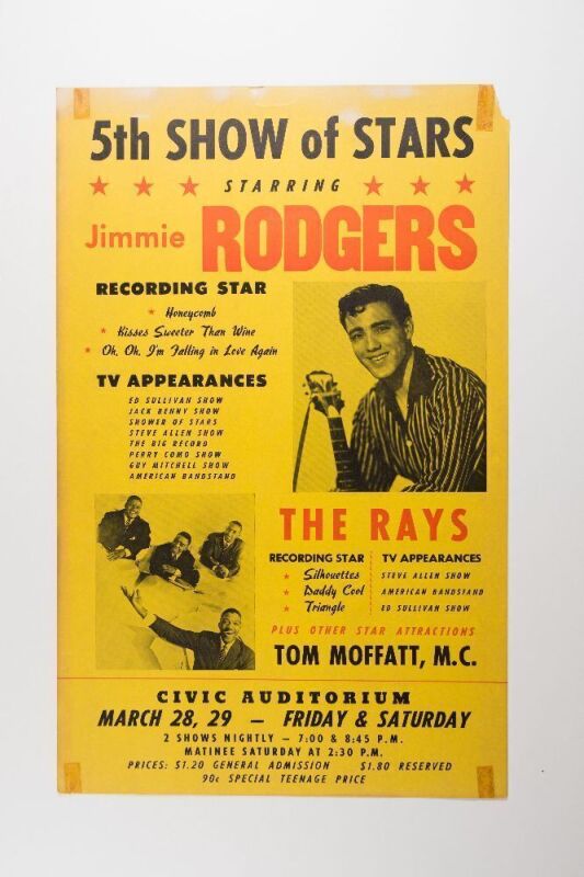 1958 Jimmie Rodgers The Rays Honolulu Civic Auditorium Cardboard Poster Fine 57