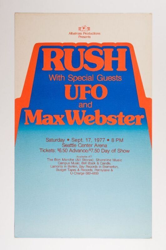 1977 Rush UFO Max Webster Seattle Center Arena Cardboard Poster Excellent 75