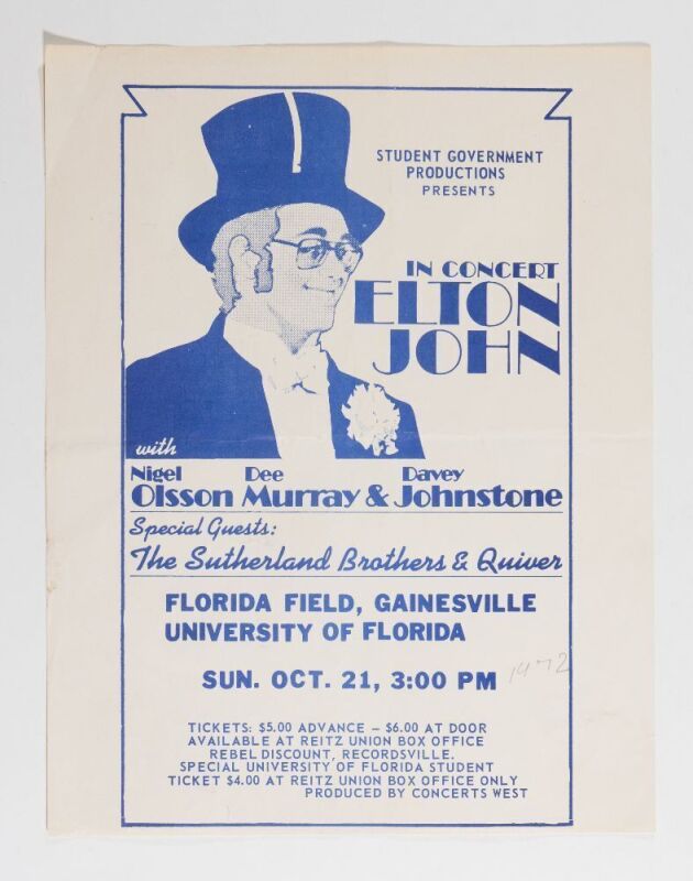 1973 Elton John University of Florida Field Gainesville Flyer Extra Fine 63