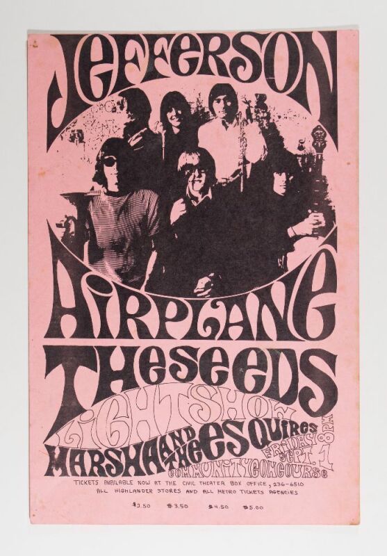 1967 Jefferson Airplane The Seeds San Diego Community Concourse Poster Fine 59
