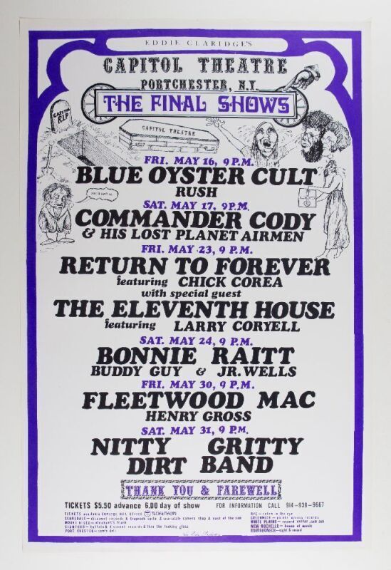 1975 Fleetwood Mac Blue Oyster Cult Buddy Guy Commander Cody Capitol Theatre Final Week Poster Near Mint 83