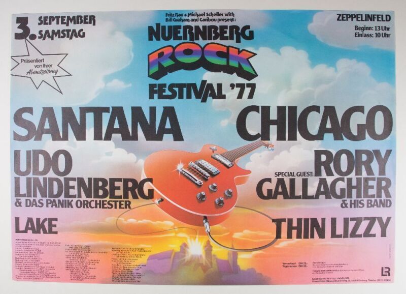 1977 Santana Chicago Rory Gallagher Thin Lizzy The Nuernberg Rock Festival Germany Poster Near Mint 83