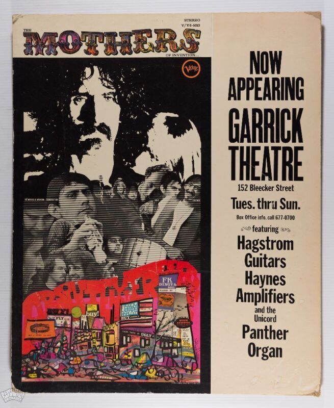 1967 Frank Zappa & The Mothers of Invention Garrick Theatre Greenwich Village Cardboard Poster Excellent 73