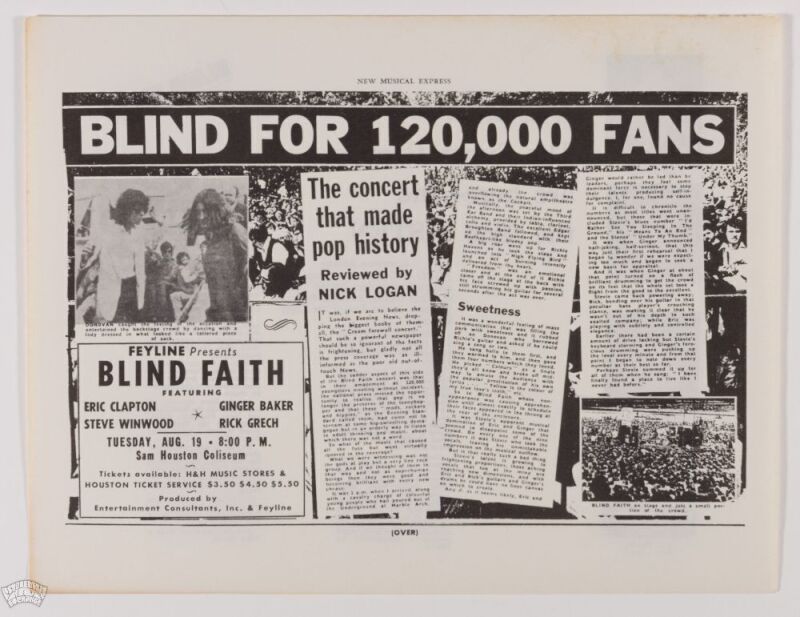 1969 Blind Faith Sam Houston Coliseum Flyer Mint 91