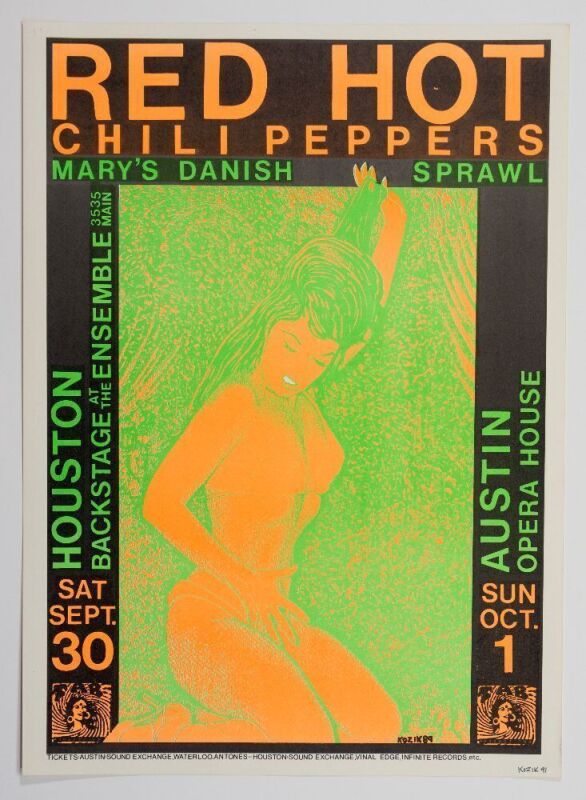 1989 Frank Kozik Red Hot Chili Peppers Houston & Austin Signed Kozik Poster Near Mint 89