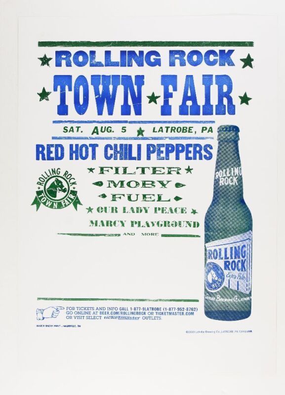 2000 Red Hot Chili Peppers Rolling Rock Town Fair Hatch Show Prints Poster Near Mint 89